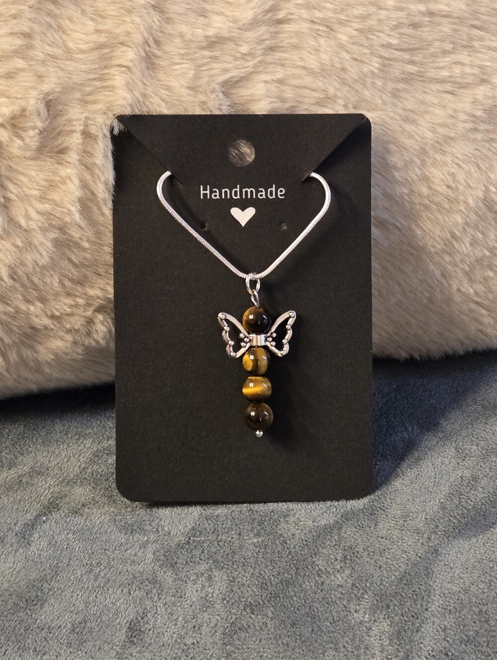 Tigers Eye Beaded Silver Angel Necklace - Hand Crafted